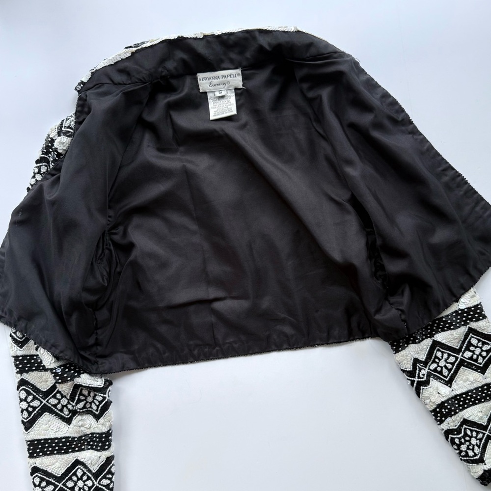 Vintage Adrianna Papell Beaded & Sequin Silk Bolero Jacket S Black & White - Picture 6 of 15